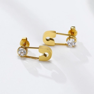 Gold safety pin earrings made of stainless steel with sparkling round zircon stones