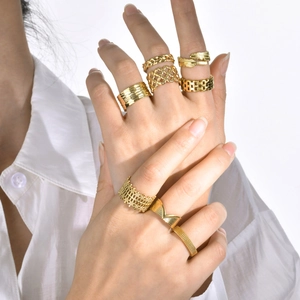 Gouden roestvrijstalen ringen met mesh- en veerontwerp, gestyled gedragen op vingers