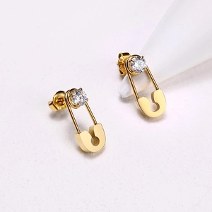 Creative gold safety pin earrings for women with sparkling cubic zirconia stones