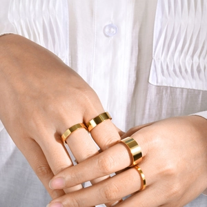Minimalist gold stainless steel wide band ring set for women, stylish stackable jewelry set