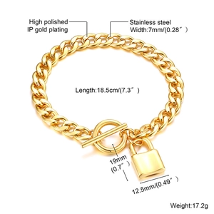 Golden stainless steel Cuban chain bracelet with OT toggle clasp and heart lock pendant