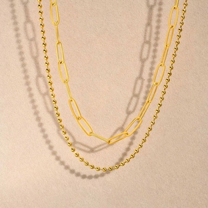 Collier double rang plaqué or 18K avec maillons trombone et chaîne à billes pour femme