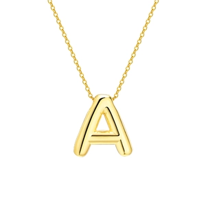Polished gold stainless steel necklace with 3D capital letter A pendant on white background