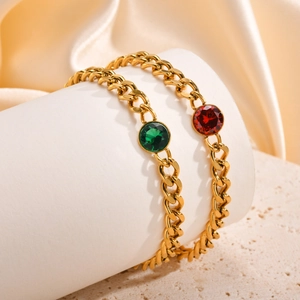 Bracciali a catena cubana dorata per donna con zirconi rotondi rossi e verdi lucidi