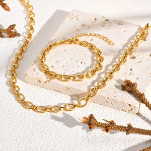 Fashion Stainless Steel Embossed Oval Link Chain Bracelet Necklace For Women Gold Plated Twisted Chunky Chain Jewelry