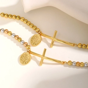 Bracciale a Perline in Acciaio Inossidabile da Donna Perle Oro Argento Oro Rosa Ciondolo a Croce Orizzontale Medaglia Madonna