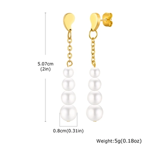 Boucles d'oreilles dorées en acier inoxydable avec perles blanches et dimensions
