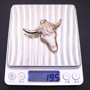 Macro-opname van een vintage acryl stierenschedel hanger van 19,5g op een digitale weegschaal
