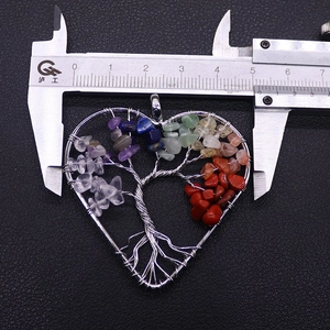 Macro view of a 5cm heart-shaped Tree of Life pendant with mixed natural stone chips