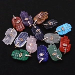 Hamsa Hand Natural Stone Pendant Rhinestone Evil Eye Charm DIY Jewelry Making Accessory For Necklace Crafting Women Gift