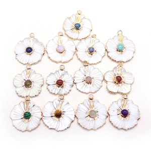 Set of 13 shell flower pendants with gold plating and colorful stone centers for DIY jewelry