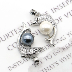 Silver dolphin necklace pendants with white and grey pearls and sparkling crystals