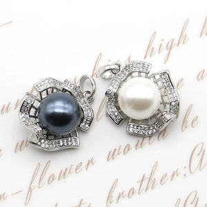 Silver-plated five-petal flower pearl pendant with pavé cubic zirconia for DIY jewelry