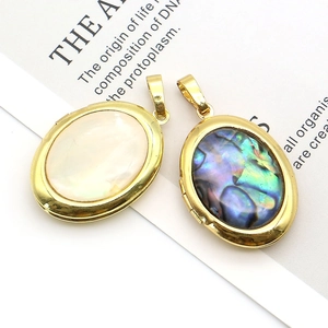 Pendentifs médaillons ovales vintage en cuivre doré avec nacre et coquille d'abalone