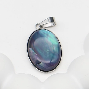 Makro-Detail von ovalem Abalone-Anhänger mit irisierendem Glanz und silbernem Verschluss