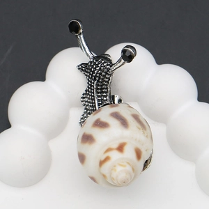 Detailed macro view of a snail-shaped brooch made of natural seashell and silver metal
