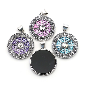 Colored shell Tai Chi Bagua pendant necklaces in purple, pink, and blue alloy