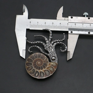 Macro view showing a silver octopus nautilus shell pendant measured at 53mm width