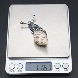 Macro detail of snail shaped shell brooch weighing 11.67 grams on digital scale