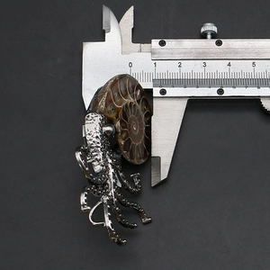 Macro view of shell octopus pendant showing 3cm nautilus fossil diameter measurement