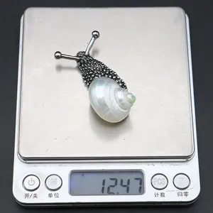 Macro detail of snail shaped shell pendant on a scale weighing 12.47 grams