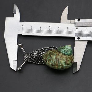 Detailed close-up of snail brooch measuring 5.8cm with silver metal and seashell
