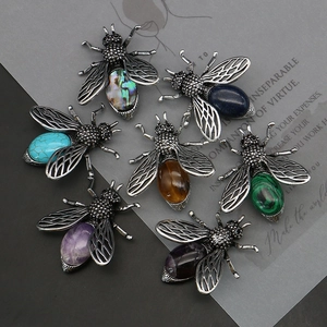 Vintage Zinklegierung Biene Insekt Brosche Anhänger Doppelte Verwendung Naturstein Malachit Tigerauge Amethyst Seeohrschale Schmuck