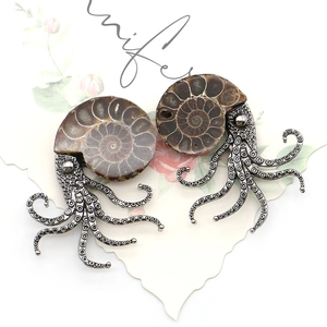 Unique octopus brooch pendant made of natural ammonite fossil with silver alloy tentacles