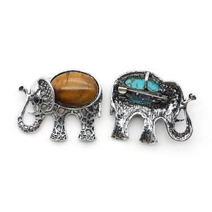 Vintage elephant brooch pendant with tiger eye stone and retro silver finish