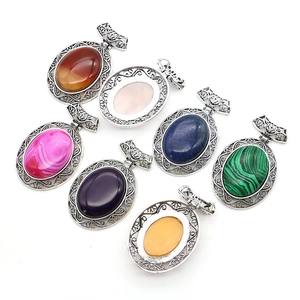 Set of 7 oval natural stone pendants with vintage hollow silver zinc alloy frames