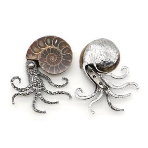 Octopus brooch pendant with natural ammolite shell and silver detailed metal tentacles