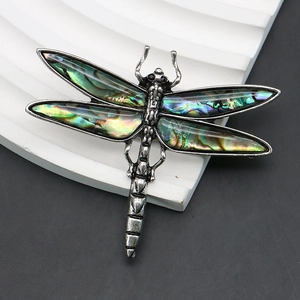 Macro detail of dragonfly brooch showing abalone shell wings and antique silver texture