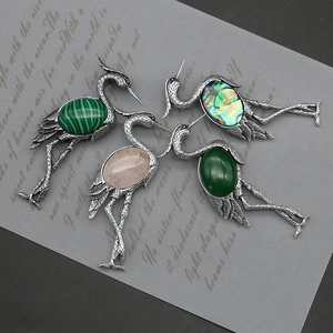 Vintage Zinc Alloy Red Crowned Crane Brooch Pendant Dual Use Natural Stone Malachite Abalone Shell Rose Quartz Jewelry Gift