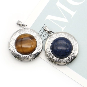Locket necklace pendants with Tiger Eye and Lapis Lazuli stones in silver floral settings