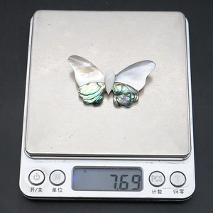 Detailed scale view showing the 7.69g weight of the butterfly shell brooch accessory