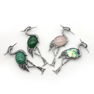 Natural stone crane brooches in rose quartz and malachite with zinc alloy plating