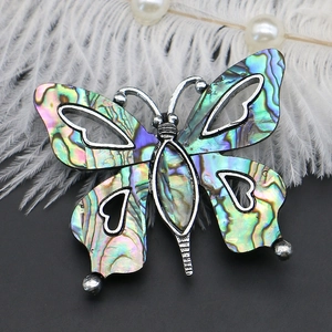 Detailed macro view of butterfly brooch with colorful abalone shell and silver metal