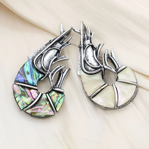 Shrimp-shaped zinc alloy brooches with abalone shell and mother of pearl on silk fabric