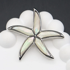 Macro shot of silver starfish brooch featuring iridescent white mother of pearl inlay