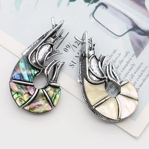 Shrimp-shaped zinc alloy brooches with abalone shell and mother of pearl inlays