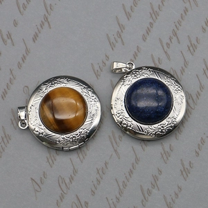 Vintage Round Natural Stone Locket Pendant Floral Engraved Openable Copper Photo Locket Tiger Eye Lapis Lazuli Jewelry Making