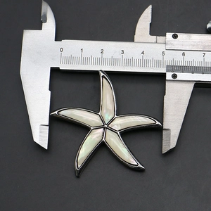 Macro shot of abalone shell starfish brooch measuring 55mm with a metal digital caliper