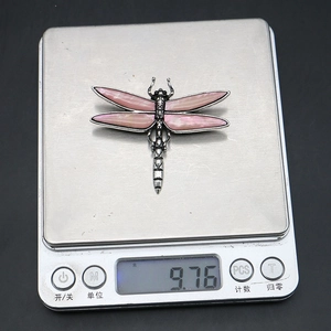 Detail shot of the vintage dragonfly brooch on an electronic scale weighing 9.76 grams