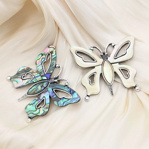 Zinc alloy butterfly pendant with abalone shell and mother of pearl on satin