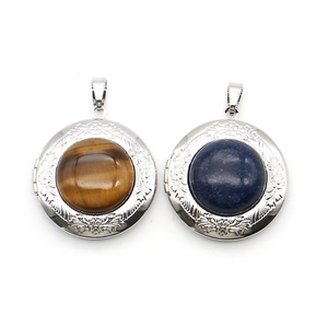 Vintage round locket pendants with natural tiger eye and lapis lazuli stones for DIY necklace