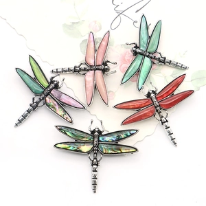 Vintage dragonfly brooch set with colorful abalone shell in antique silver finish