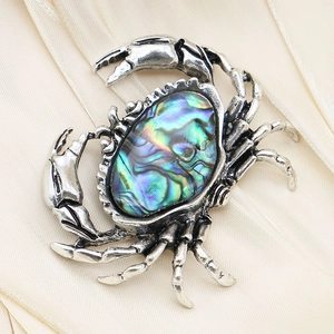 Exquisite crab brooch in vintage silver alloy with iridescent abalone shell inlay
