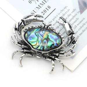 Artistic silver crab brooch with iridescent blue-green abalone shell inlay on a white base