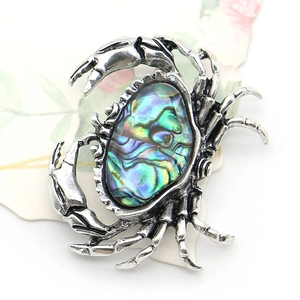 Exquisite crab brooch in vintage silver with colorful abalone shell inlay on white backdrop