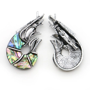 Shrimp shaped zinc alloy brooch with colorful abalone shell inlay front and back view